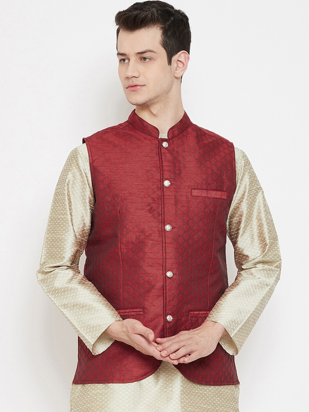

even Men Maroon Woven-Design Nehru Jacket