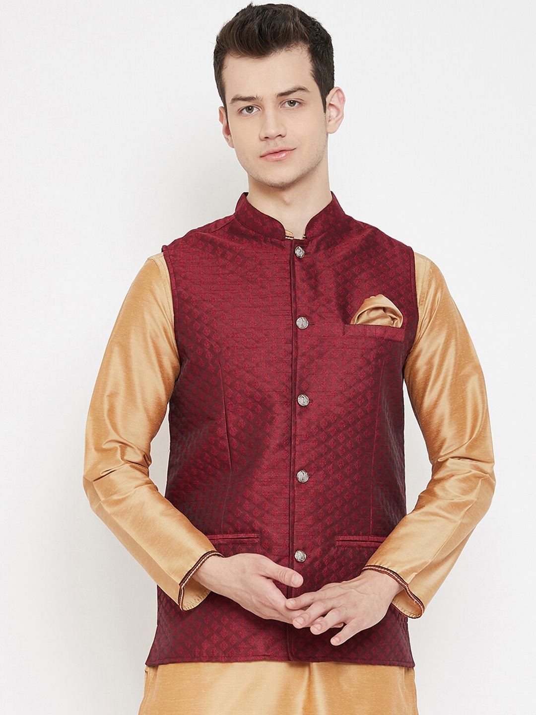 

even Men Maroon Woven-Design Nehru Jacket