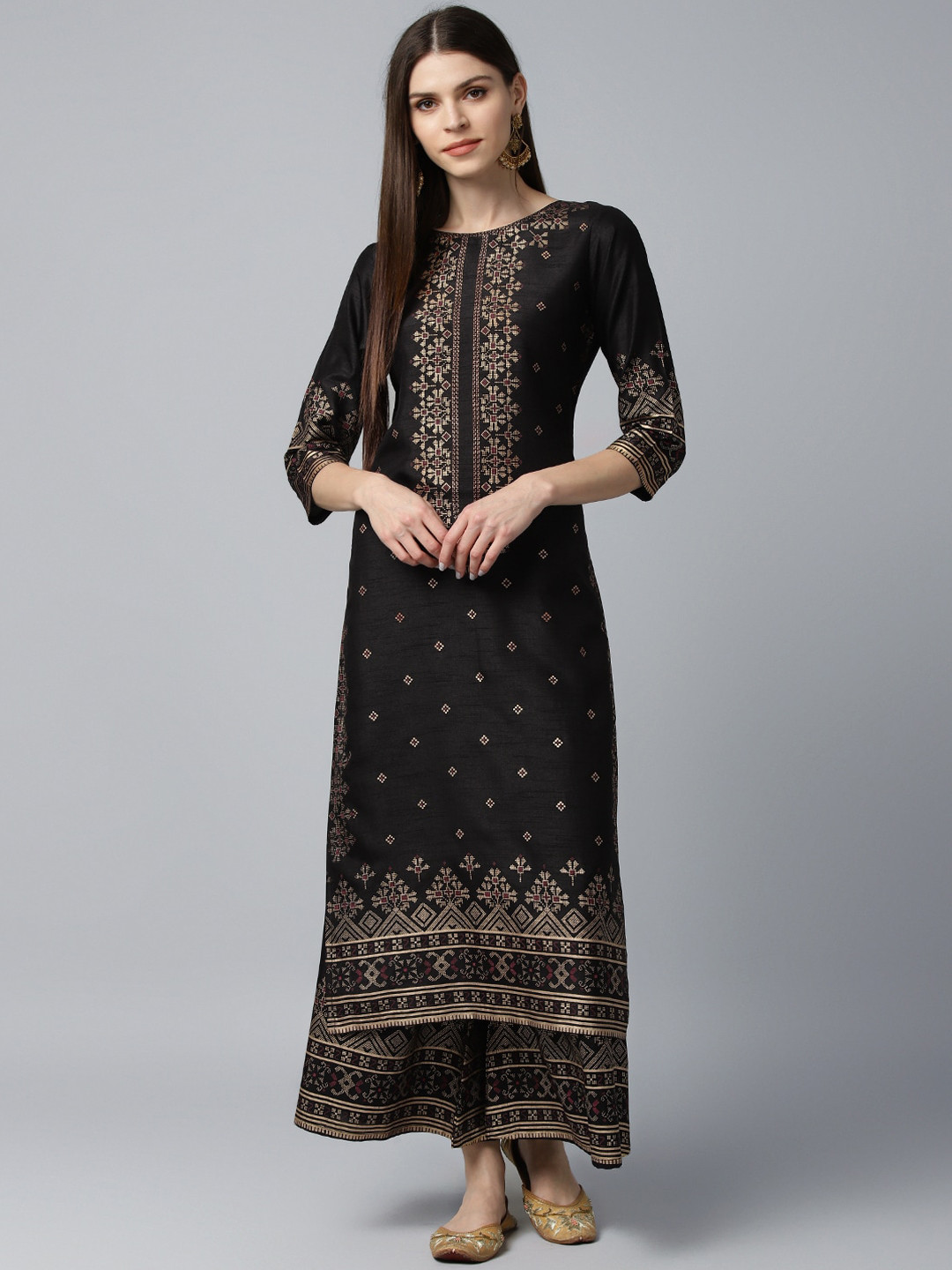 

Libas Women Black & Gold-Toned Printed Kurta with Palazzos