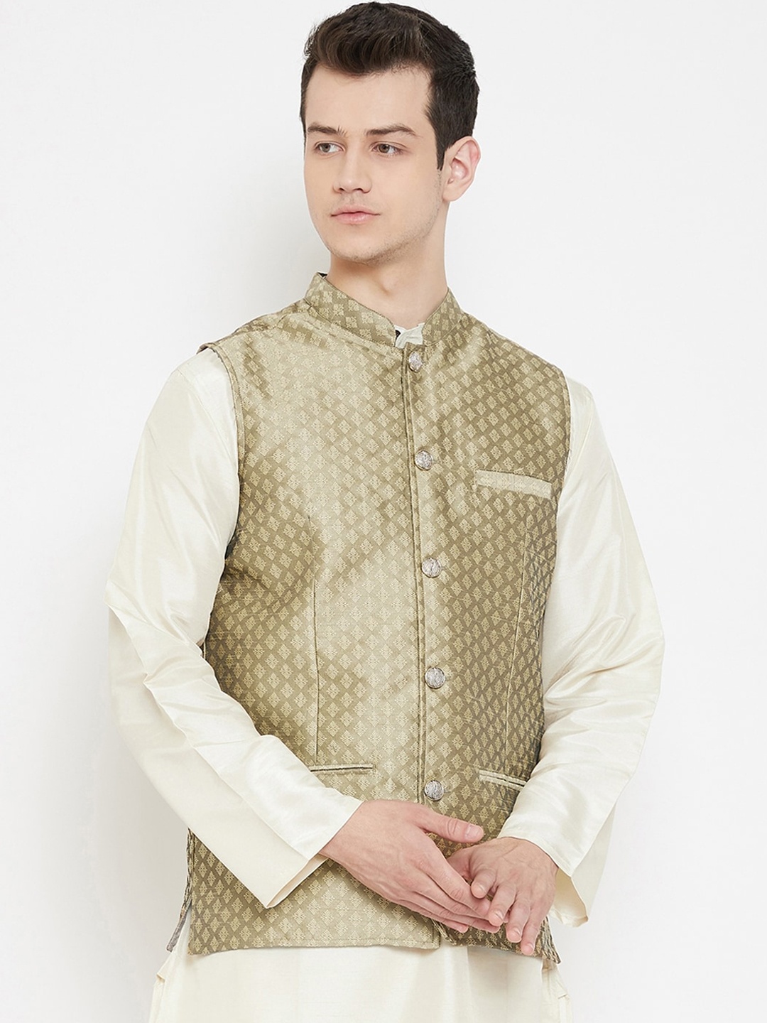 

even Men Olive Green Woven Design Regular Fit Nehru Jacket
