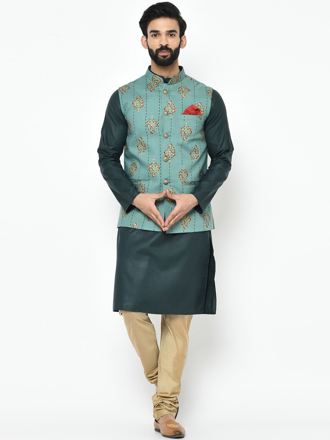 

KISAH Men Green & Beige Solid Kurta with Pyjamas