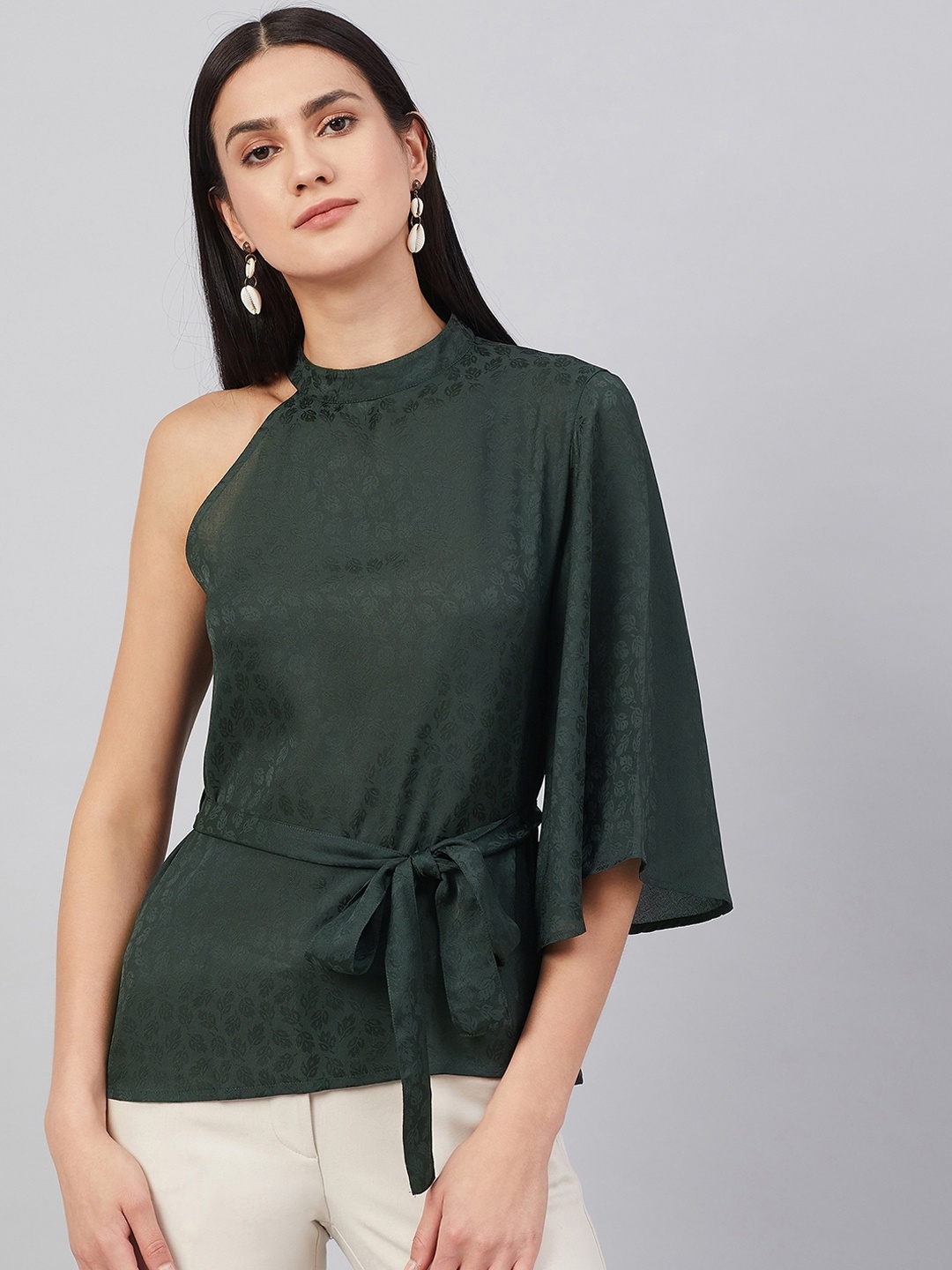 Marie Claire Women Green Self Design Cinched Waist Top