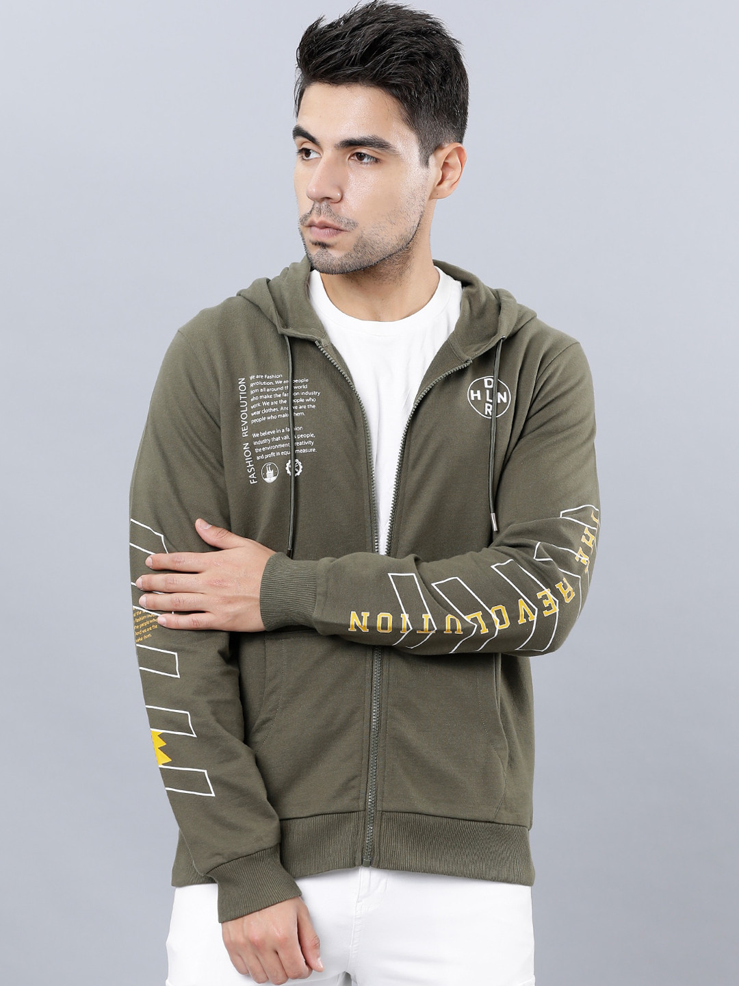 

HIGHLANDER Men Olive Green Printed Hooded Sweatshirt