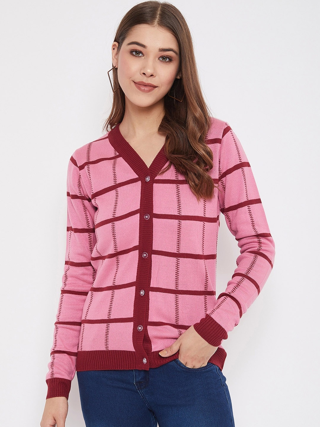 

JUMP USA Women Pink & Red Checked Cardigan Sweater