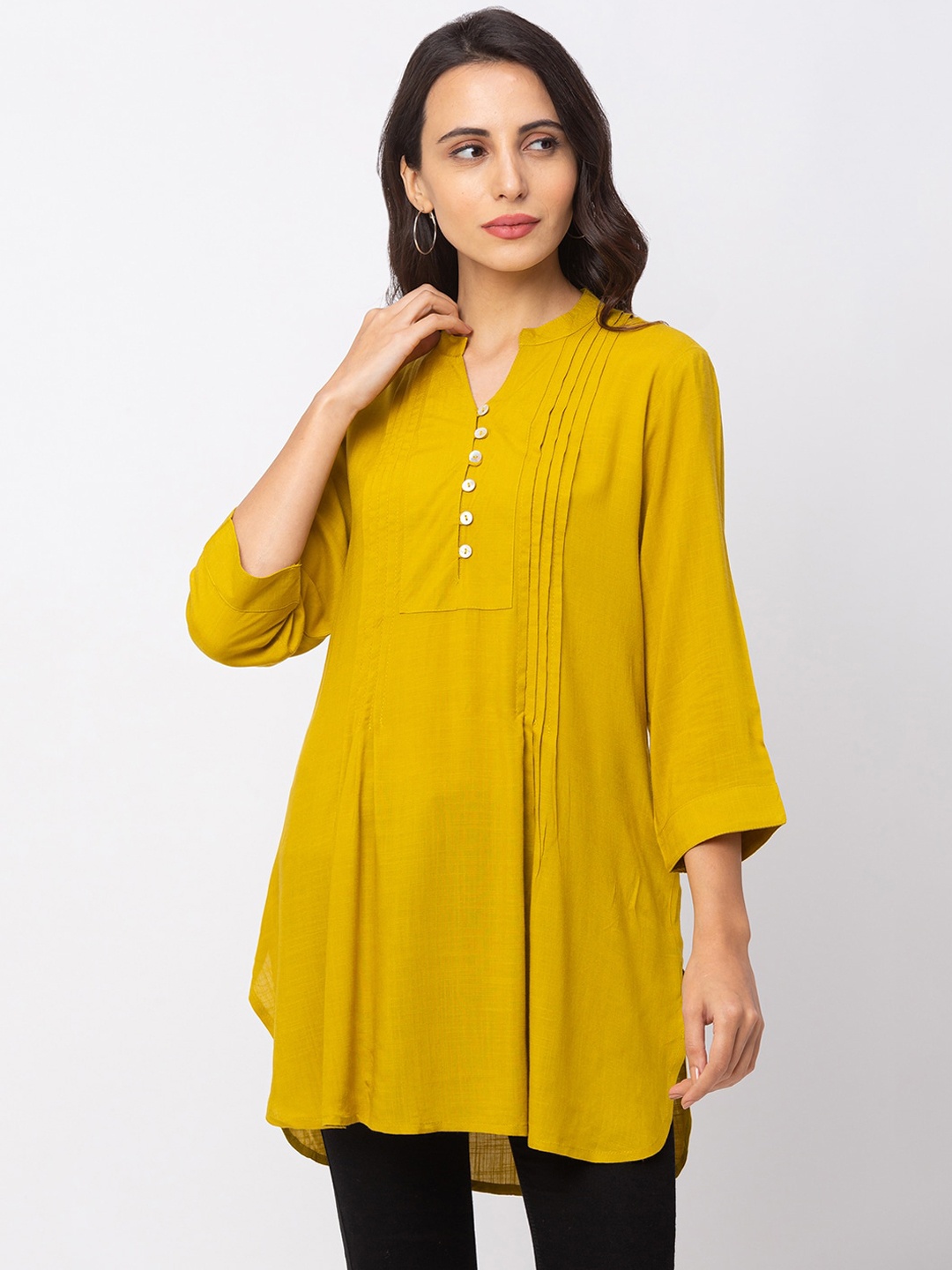 

Globus Women Mustard Yellow Solid Pure Cotton A-Line Kurta