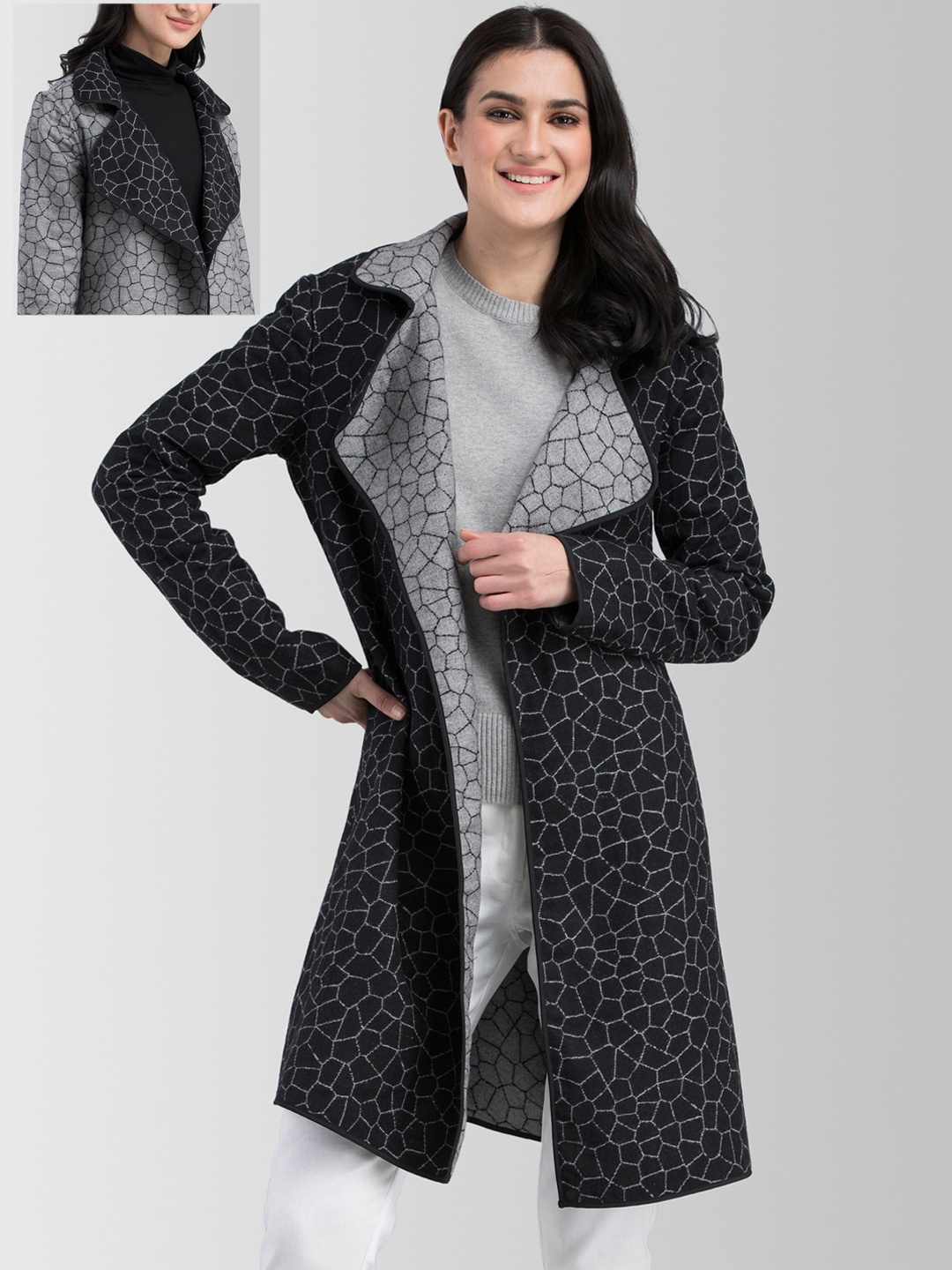 

FableStreet Women Black Printed Reversible Open Front Jacket