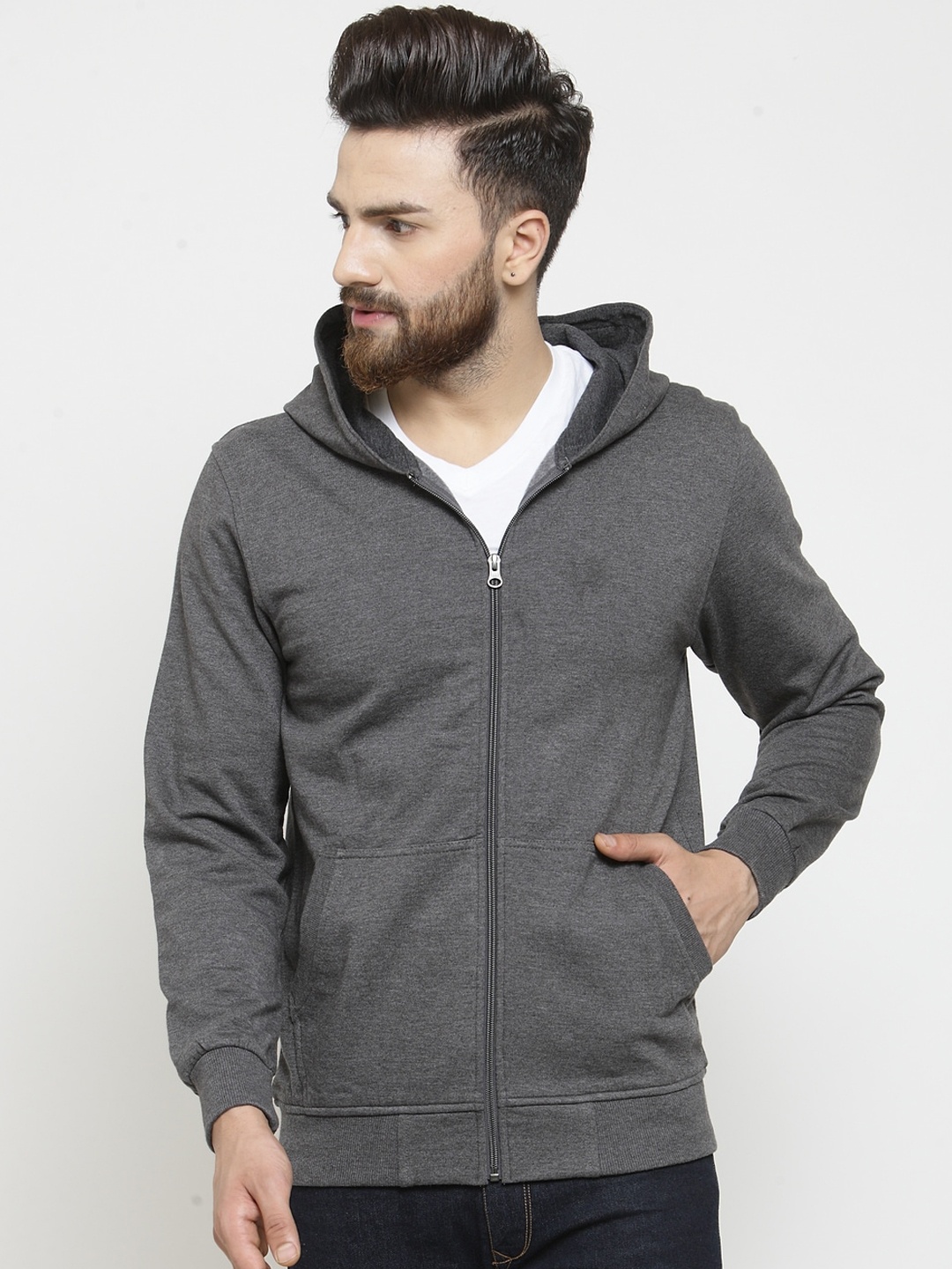 

Kalt Men Grey Solid Hooded Sweatshirt