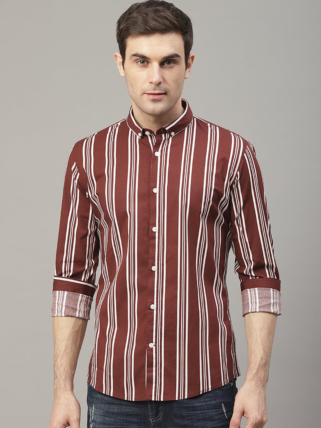 LINDBERGH Men Red & White Slim Fit Striped Casual Shirt