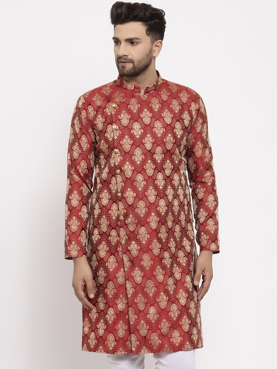 

Jompers Men Maroon & Beige Printed Straight Kurta