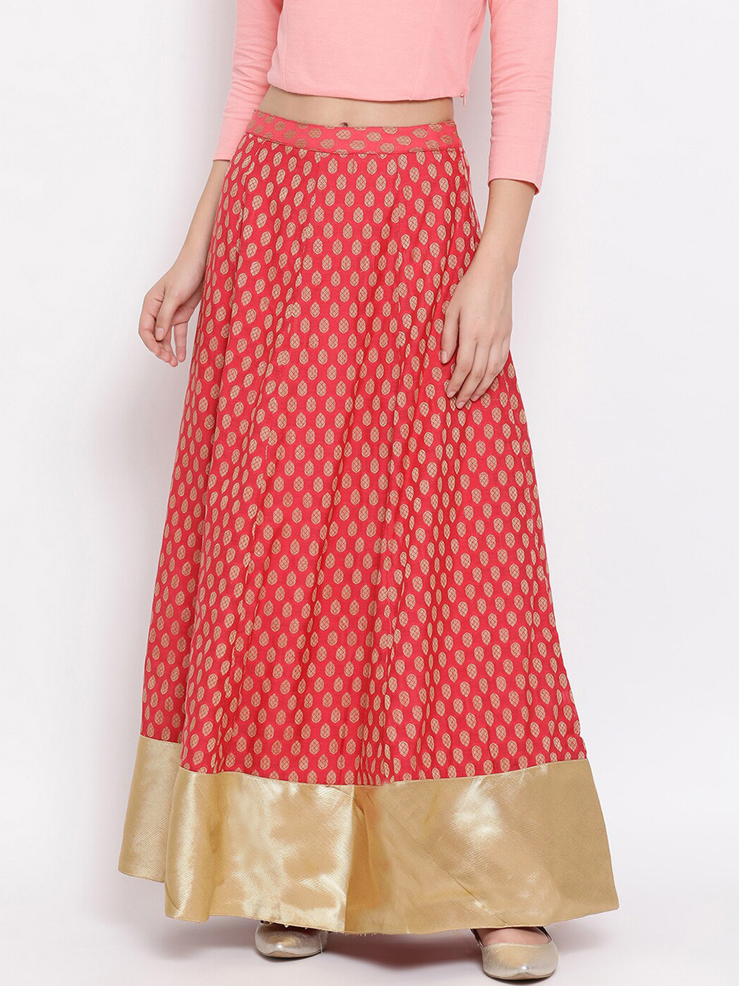 

Span Women Pink & Beige Woven Design Maxi Pure Cotton Skirt