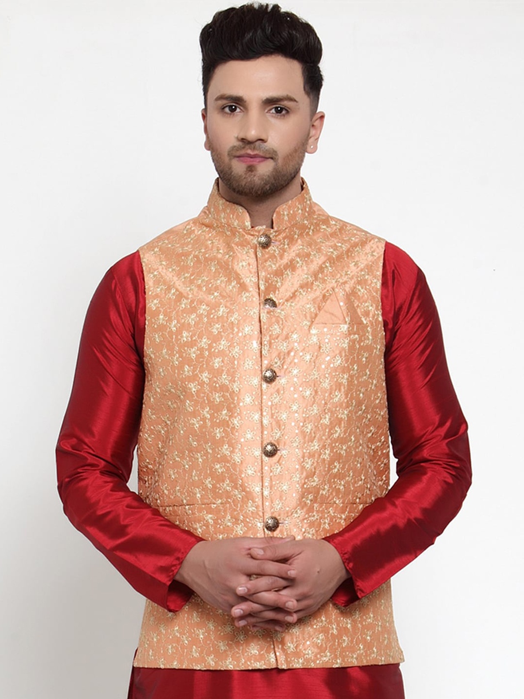 

Jompers Men Peach-Coloured Embroidered Regular Fit Nehru Jacket