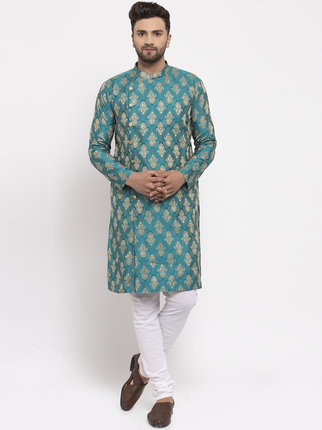 

Jompers Men Green & White Printed Kurta with Churidar
