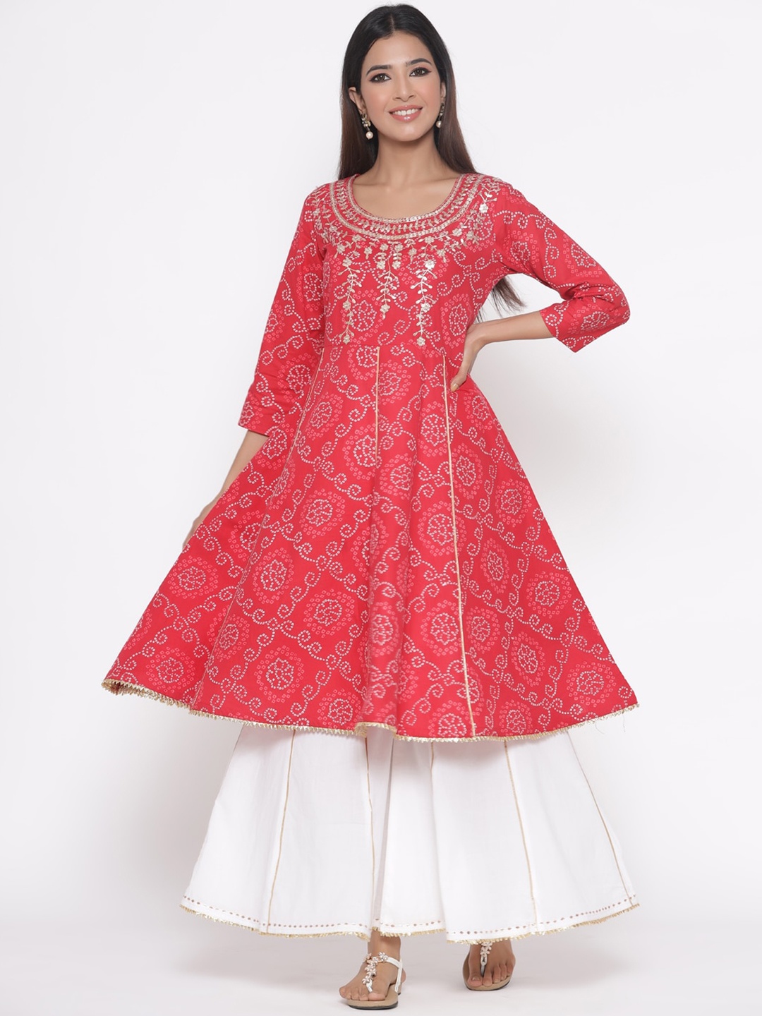 

Silai Bunai Women Red & White Printed Kurta with Palazzos