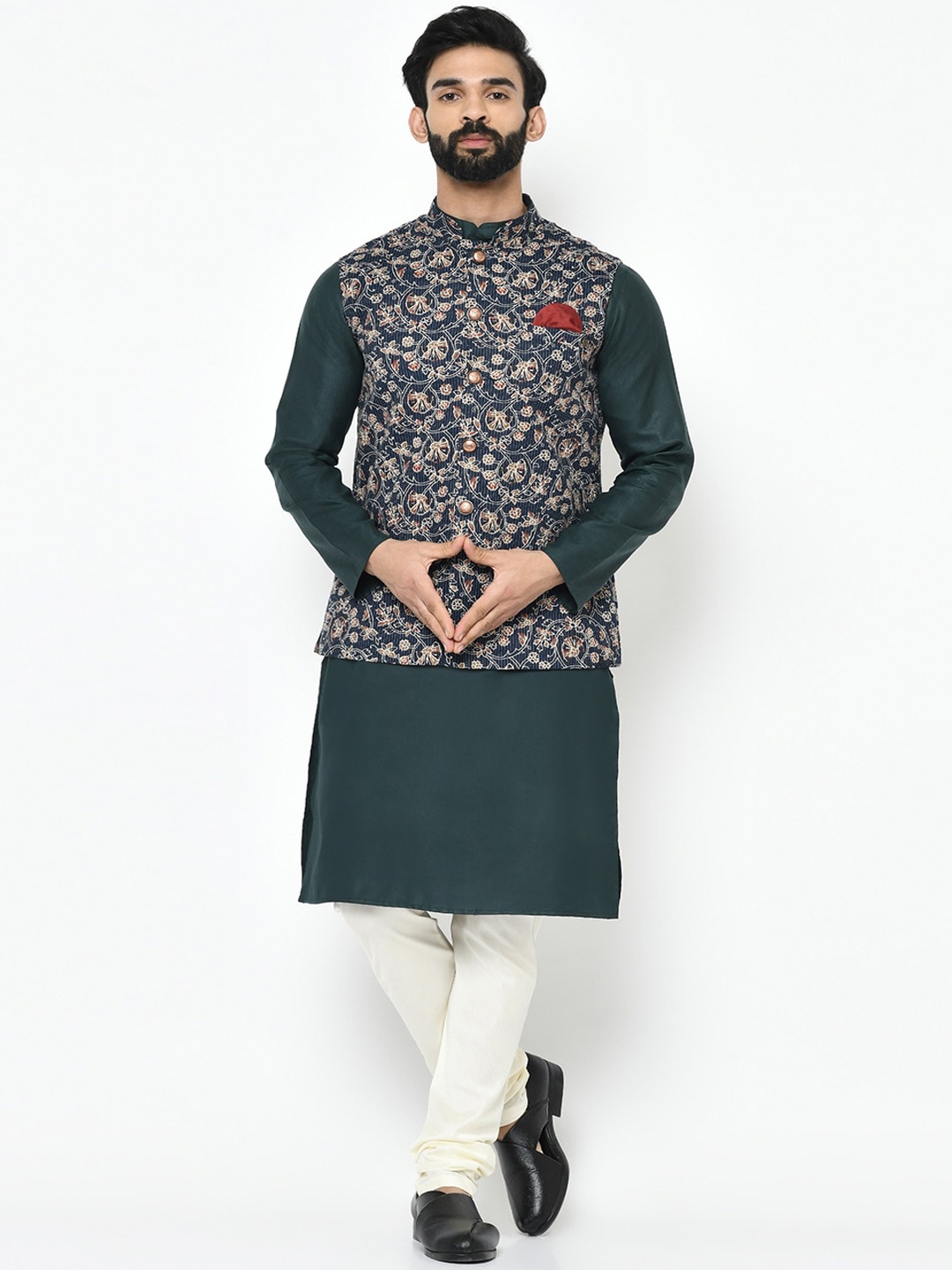 

KISAH Men Green & White Solid Kurta with Churidar & Nehru Jacket