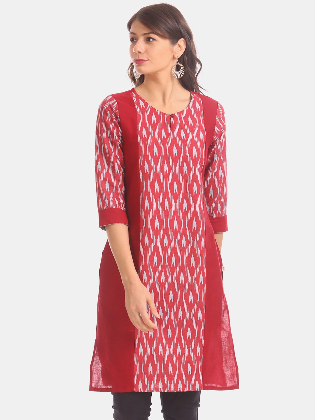 

Karigari Women Maroon & White Printed A-Line Kurta
