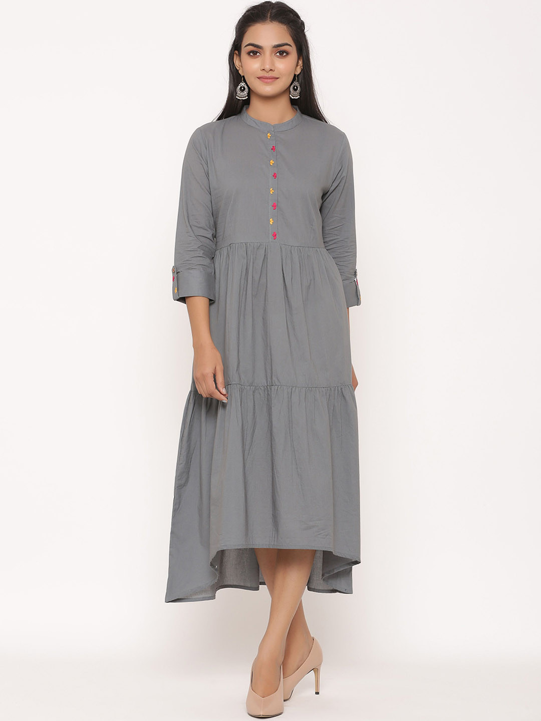 

fabGLOBAL Women Grey Solid Fit and Flare Dress