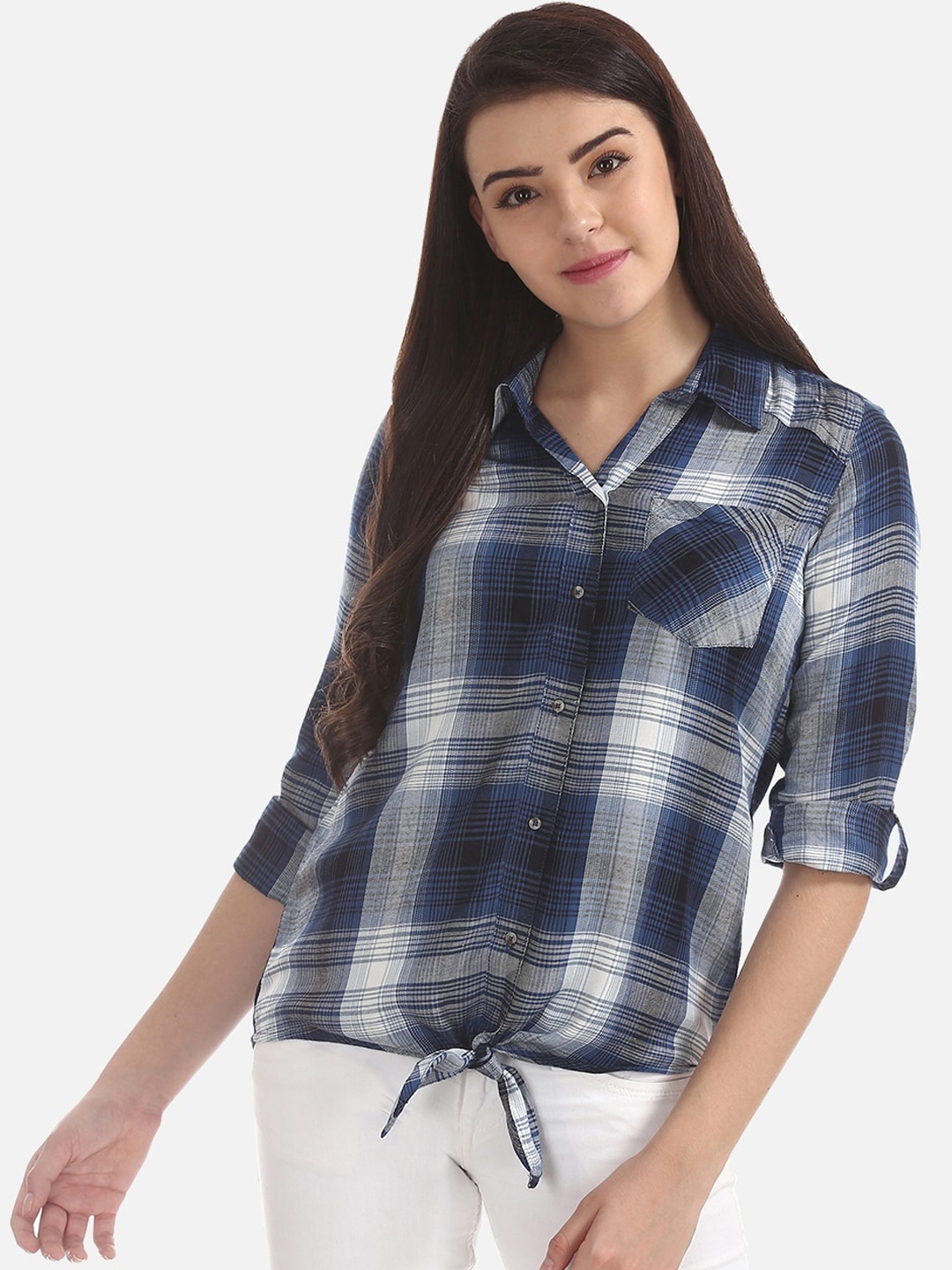 

Cherokee Women Navy Blue Checked Shirt Style Top