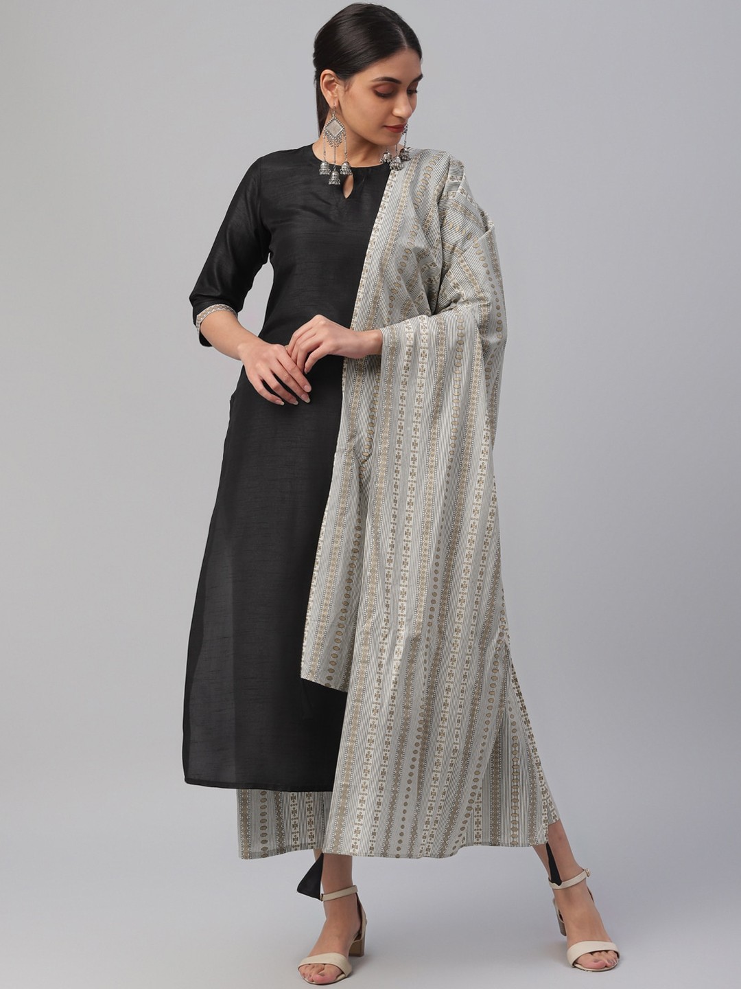 

Libas Women Black Solid Kurta with Trousers & Dupatta