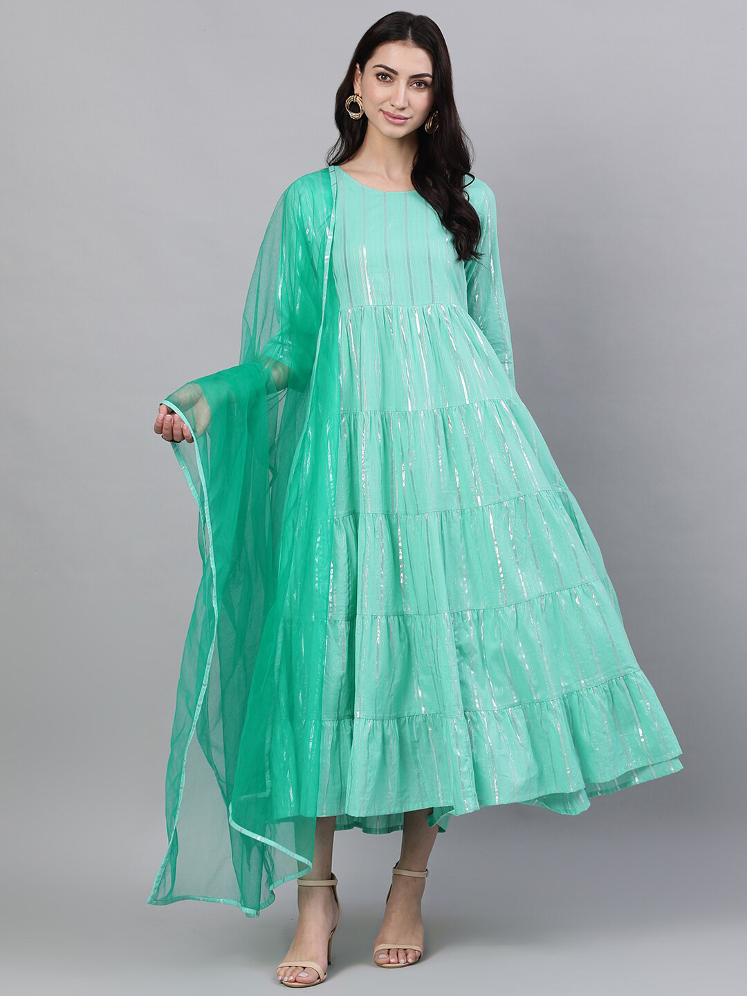 

Nayo Women Green Striped Maxi Dress with Dupatta