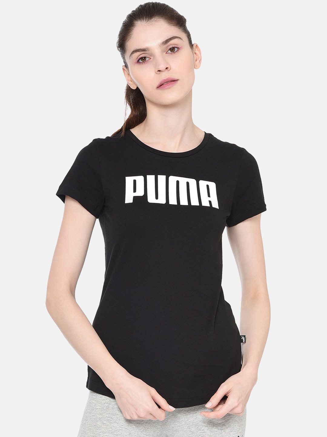 Puma Women Black Printed Round Neck ESS PUMA Tee