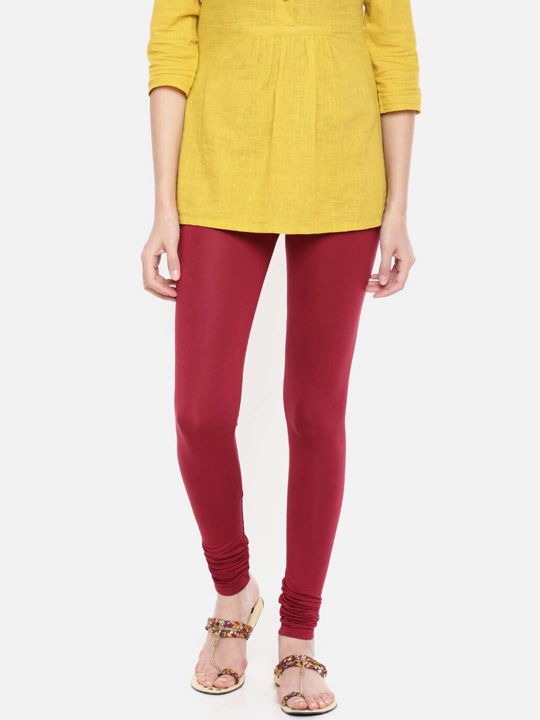 De Moza Women Maroon Solid Churidar-Length Leggings