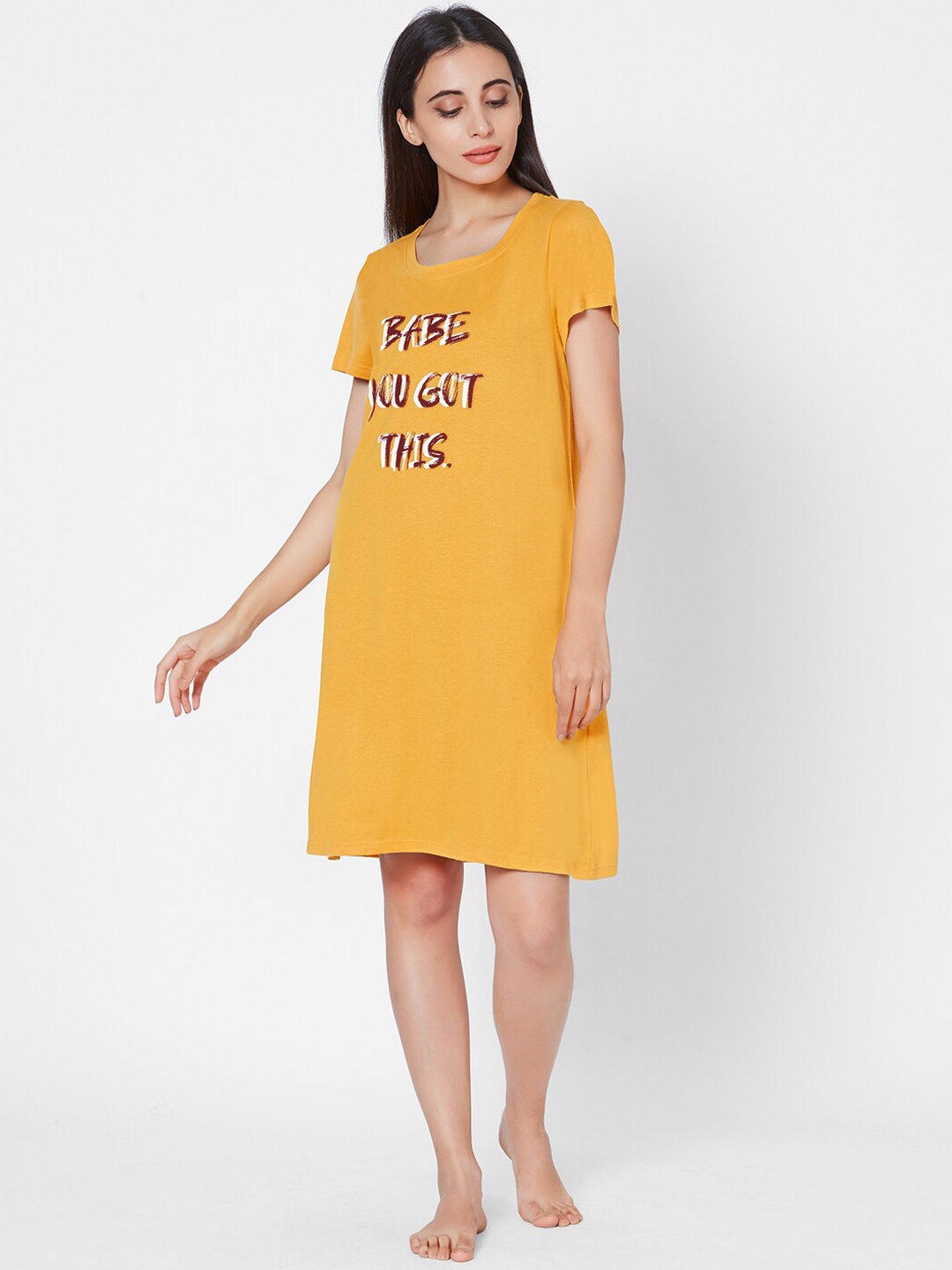 

Soie Women Yellow Printed Knee Length Nightdress
