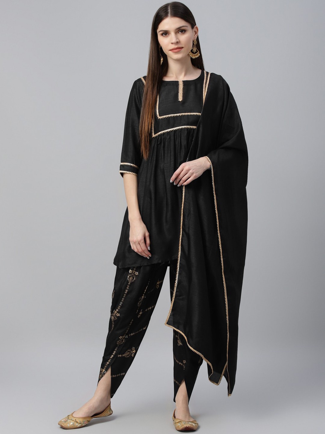 

Libas Women Black Solid Kurta with Dhoti Pants & Dupatta