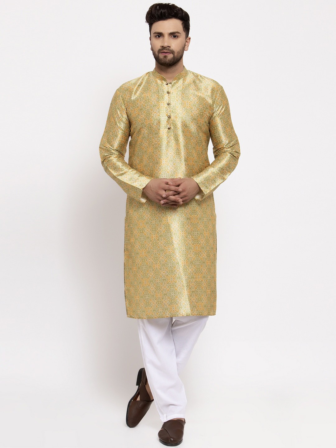 

Jompers Men Green & Gold-Toned Woven Design Kurta with Pyjamas