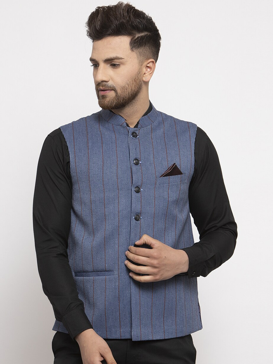 

NEUDIS Men Navy Blue & Maroon Striped Nehru Jacket
