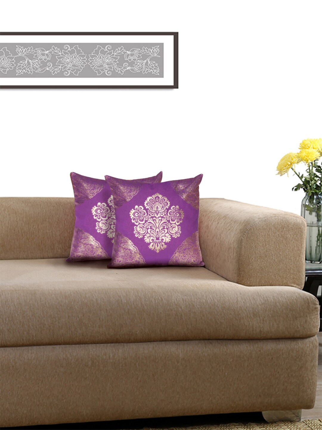 

Lushomes Purple & Gold-Toned Set of 2 Ethnic Motifs Square Cushion Covers
