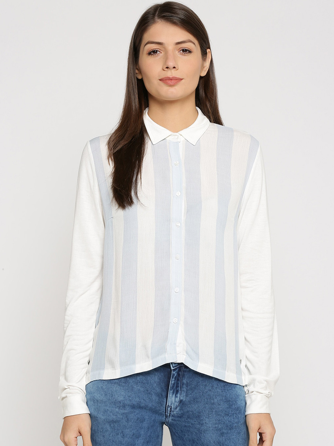 

Pepe Jeans Women Blue & White Regular Fit Striped Casual Shirt