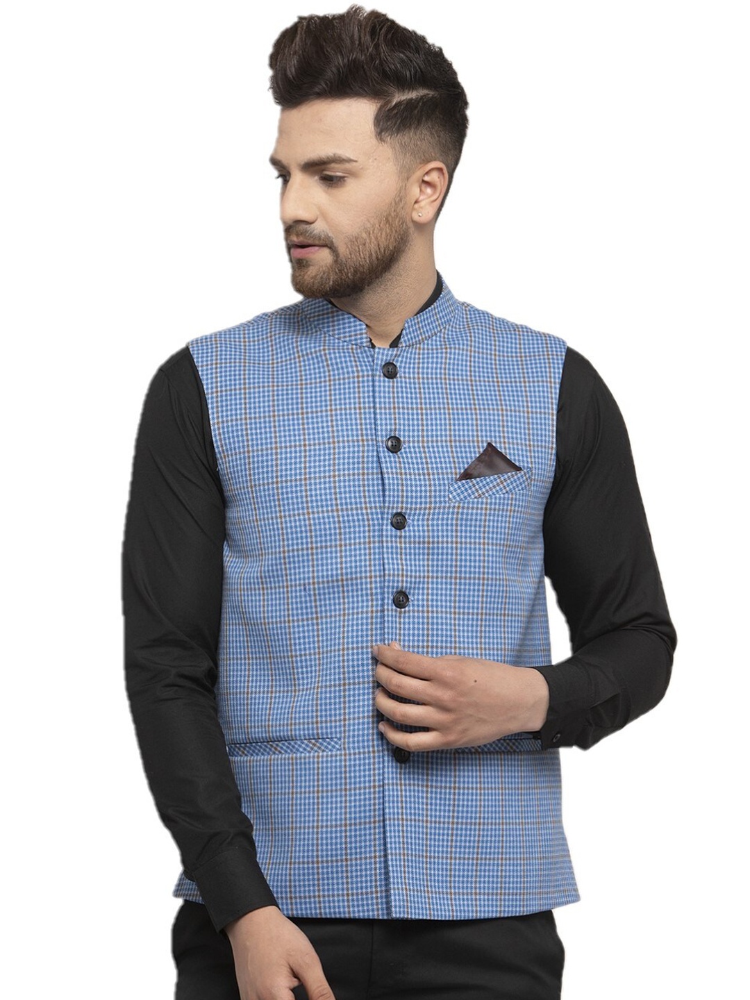 

NEUDIS Men Blue Checked Nehru Jacket