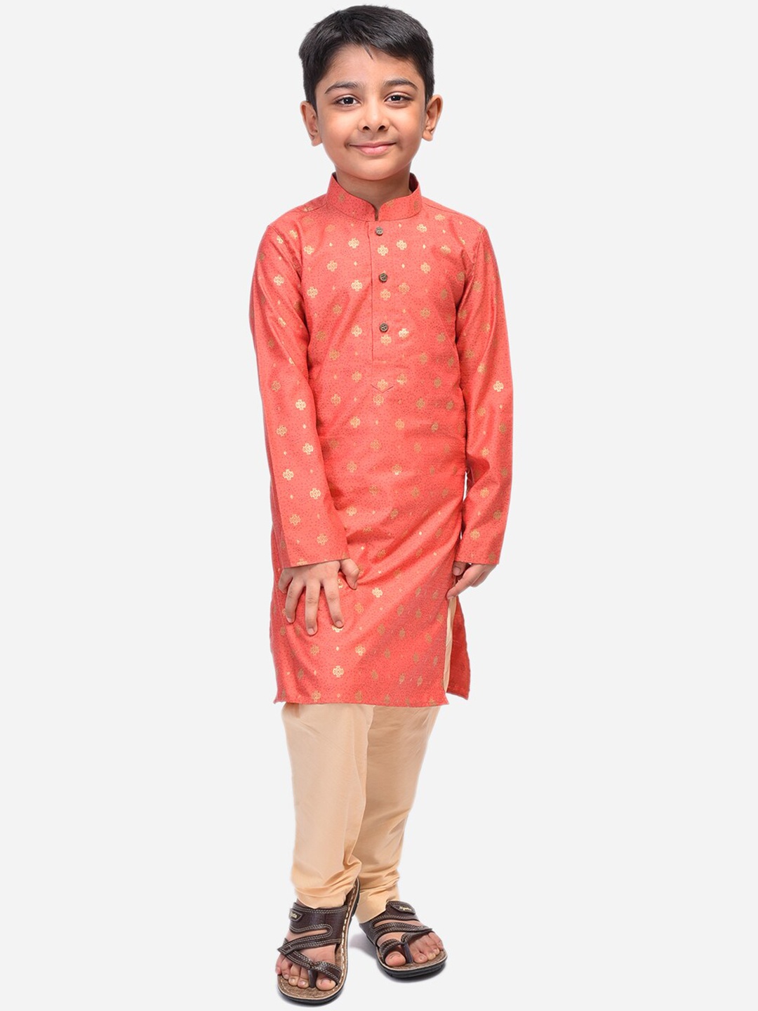 

NAMASKAR Boys Peach-Coloured Woven Design Straight Kurta