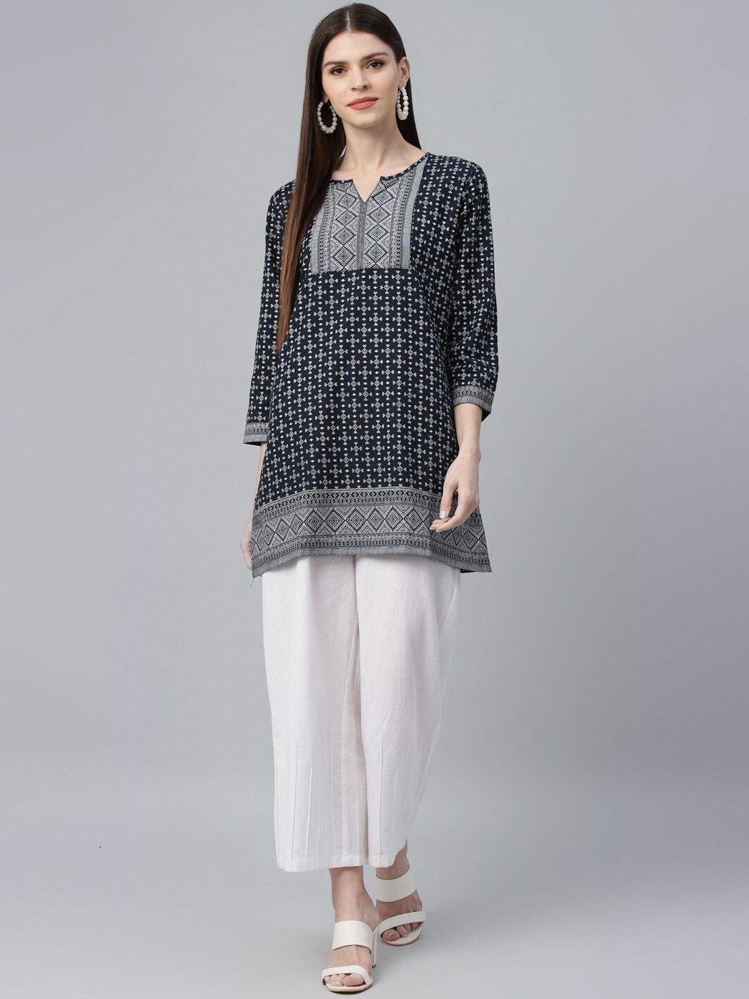 

Libas Women Navy Blue & Grey Printed Pure Cotton A-Line Kurti, Black