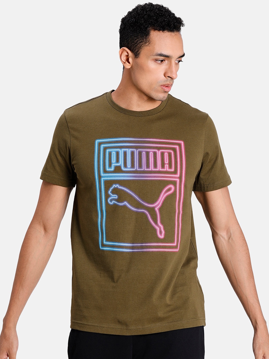 

Puma Men Olive Green Neon Graphic Tee