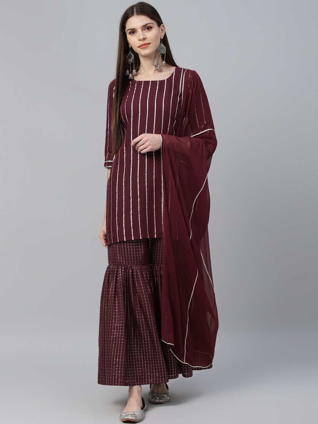 

Libas Women Maroon Striped Kurti with Sharara & Dupatta