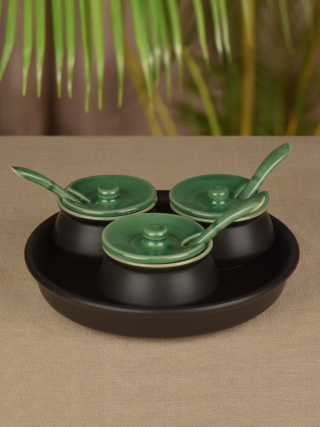 StyleMyWay Set Of 3 Black & Green Kitchen Storage Set With Tray