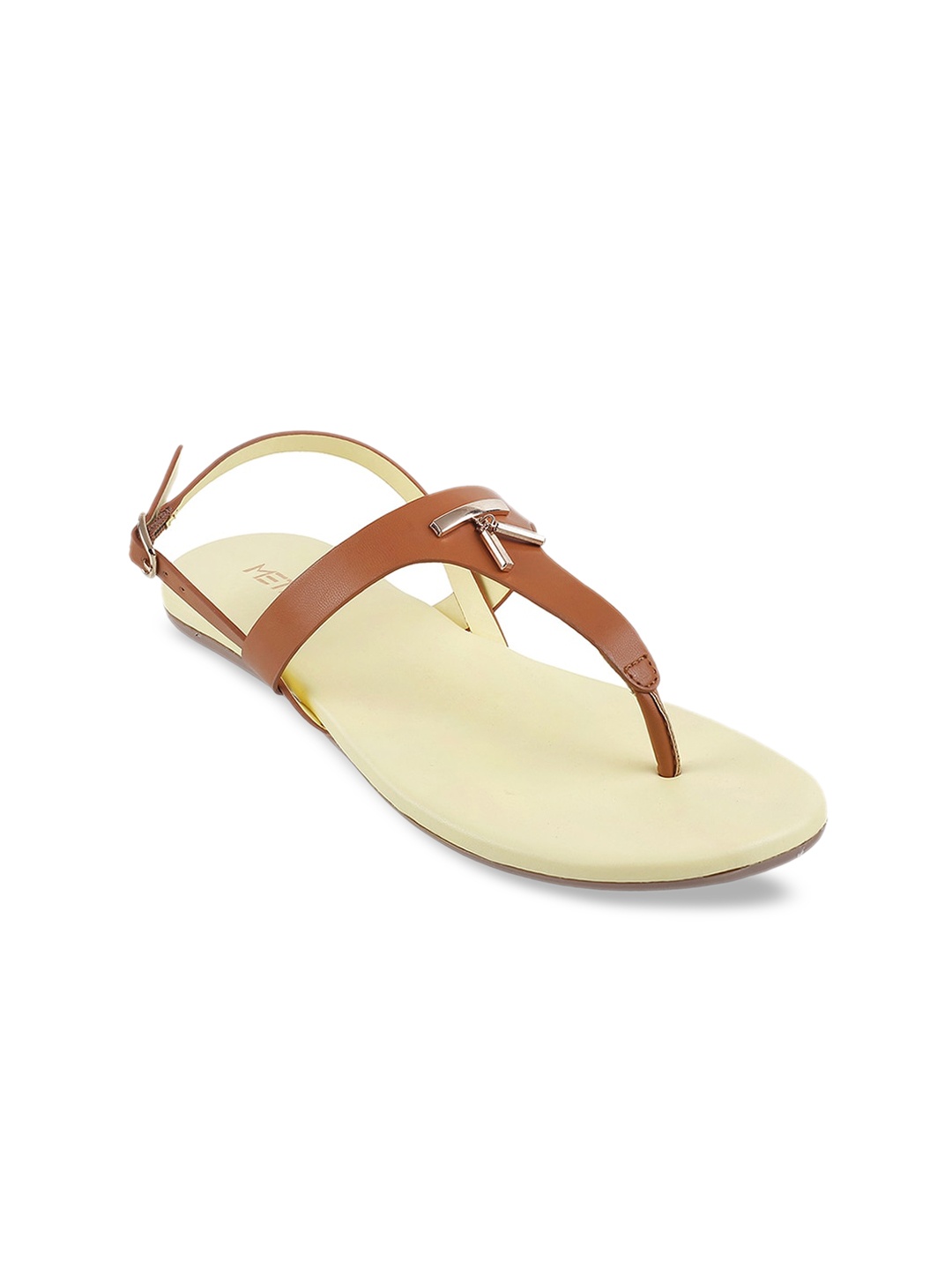 

Metro Women Tan Brown Embellished T-Strap Flats