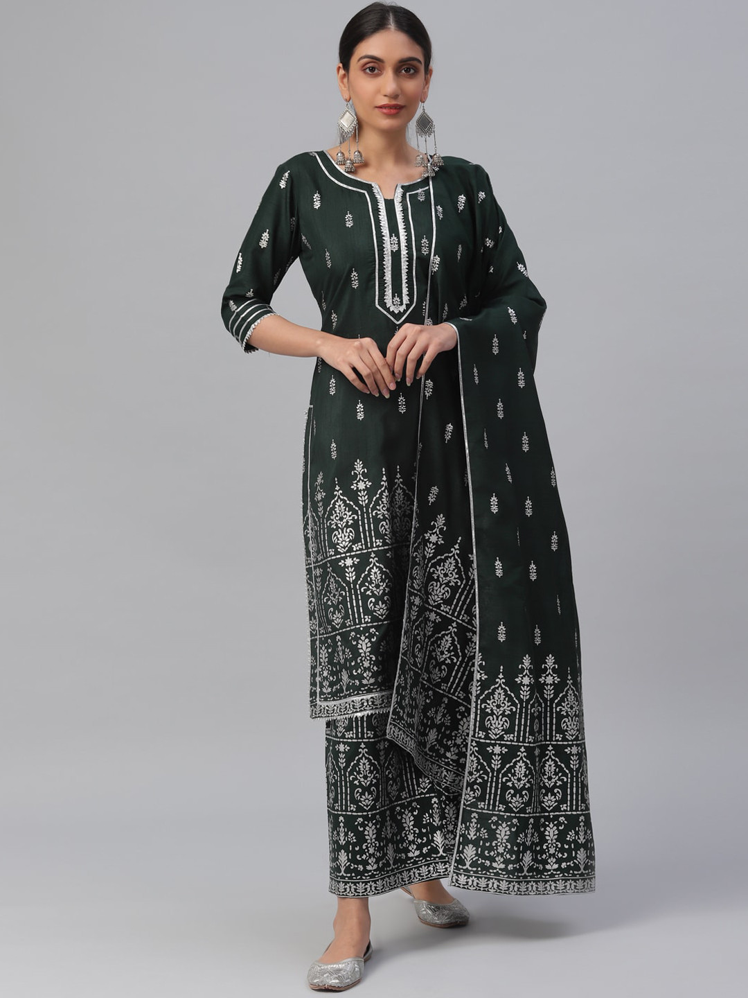 

Libas Women Green Ethnic Motifs Printed Regular Straight Kurta & Palazzos With Dupatta