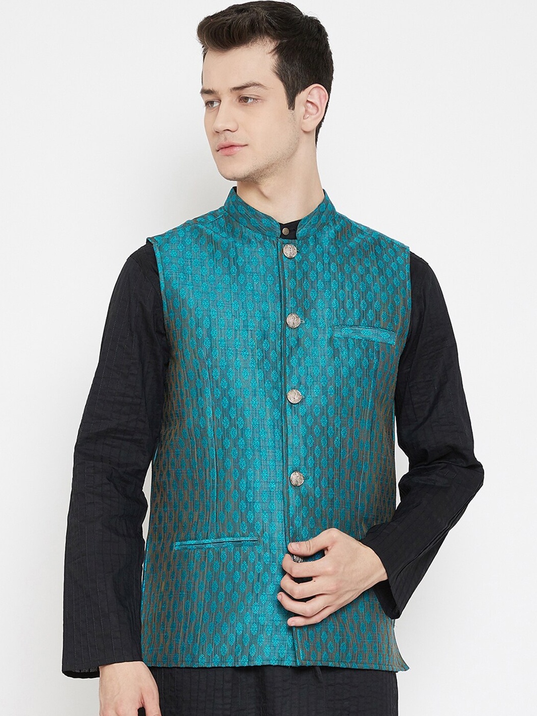 

even Men Teal Blue & Gold-Coloured Printed Nehru Jacket