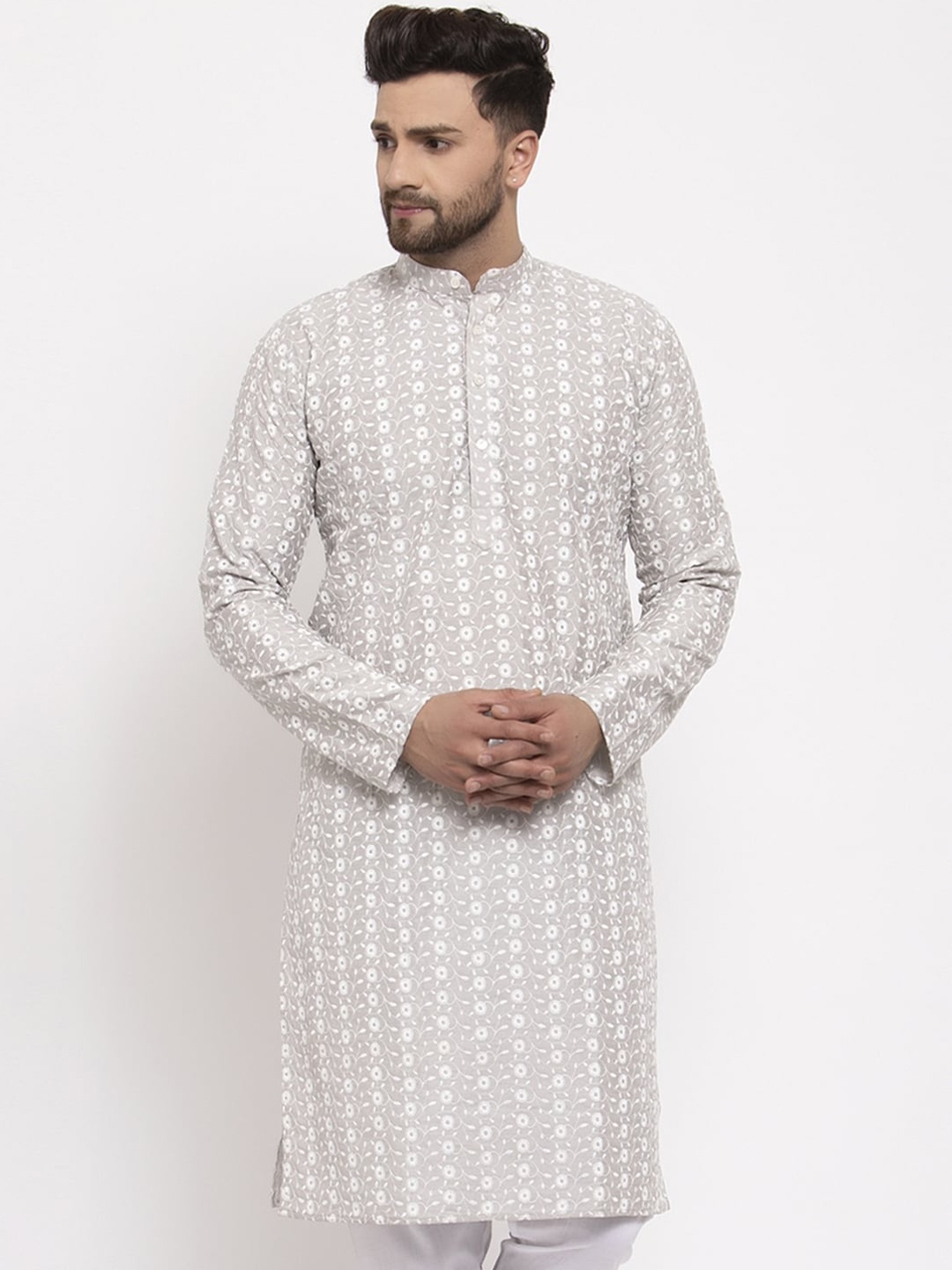 Jompers Men Grey Embroidered Straight Kurta