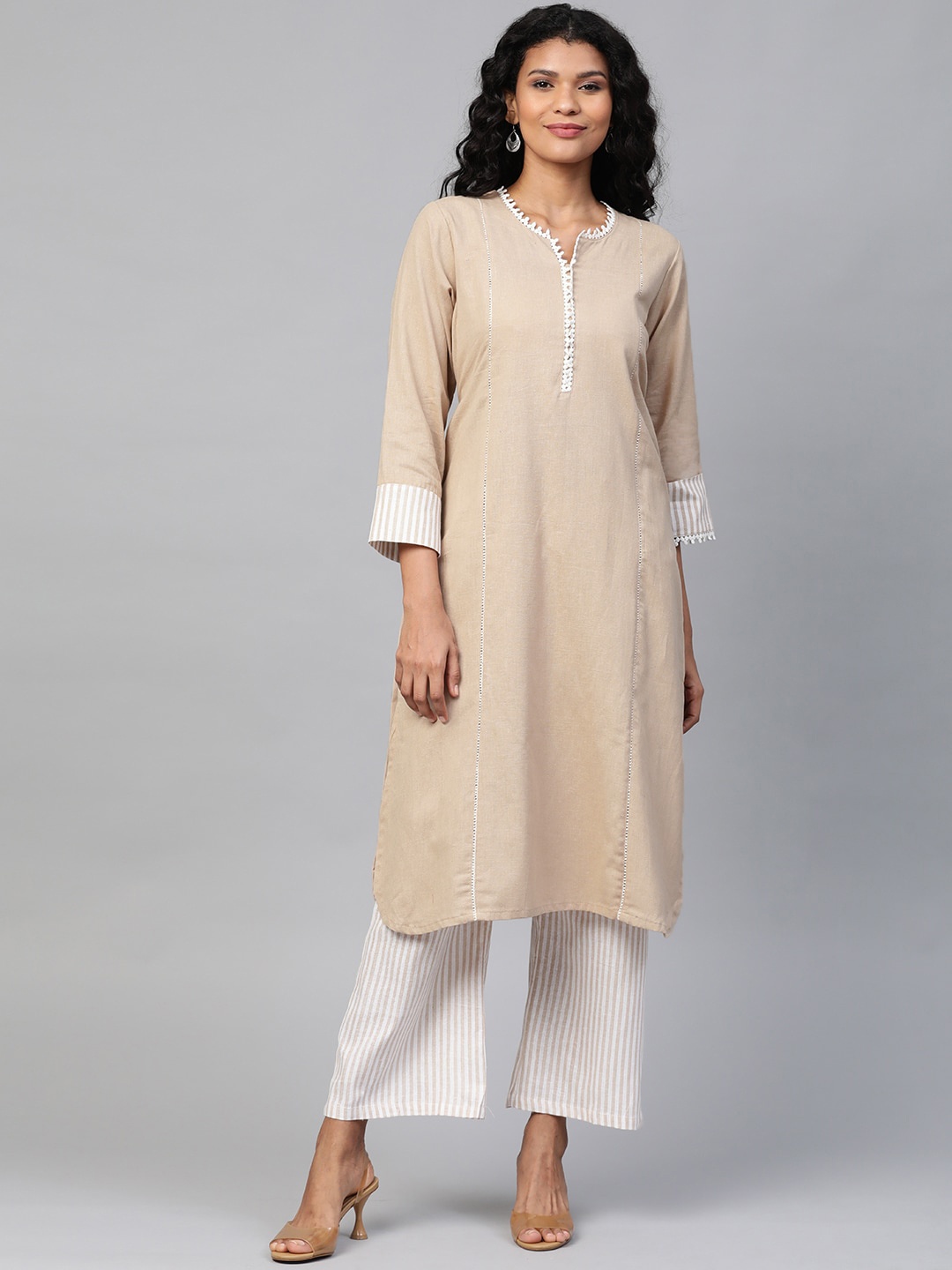 

Laado - Pamper Yourself Women Beige Yoke Design Straight Sustainable Kurta