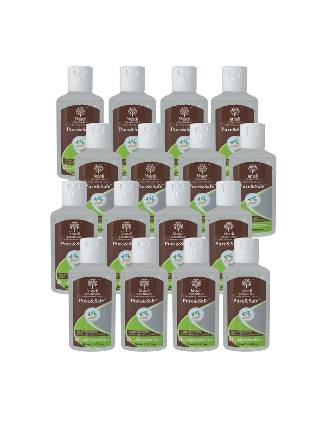 

Khadi Essentials 70%+ Ethyl Alcohol Pocket Sanitizer for Hands 100ml Pack of 16 Non Drying, White