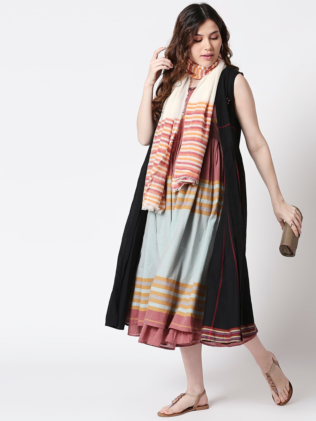 

TERQUOIS Women Black & Red Layered Fusion A-Line Dress with Scarf