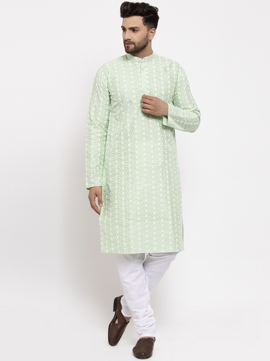 

Jompers Men Green & White Embroidered Kurta with Churidar