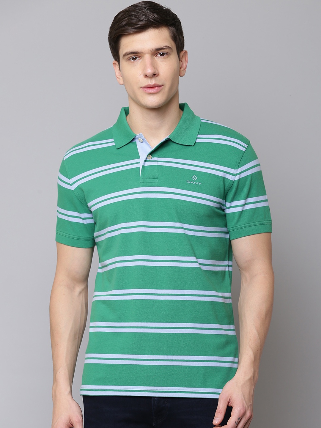 

GANT Men Green Striped Polo Collar T-shirt