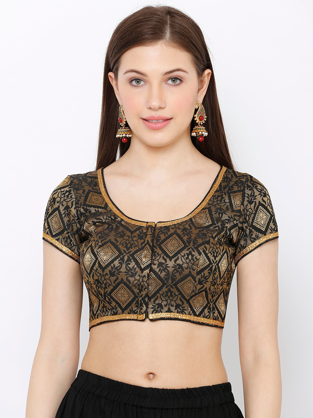 

SALWAR STUDIO Women Black & Gold-Colored Woven Design Readymade Saree Blouse