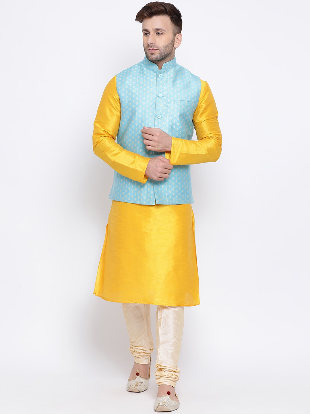 

NAMASKAR Men Mustard Yellow & Blue Solid Kurta with Churidar