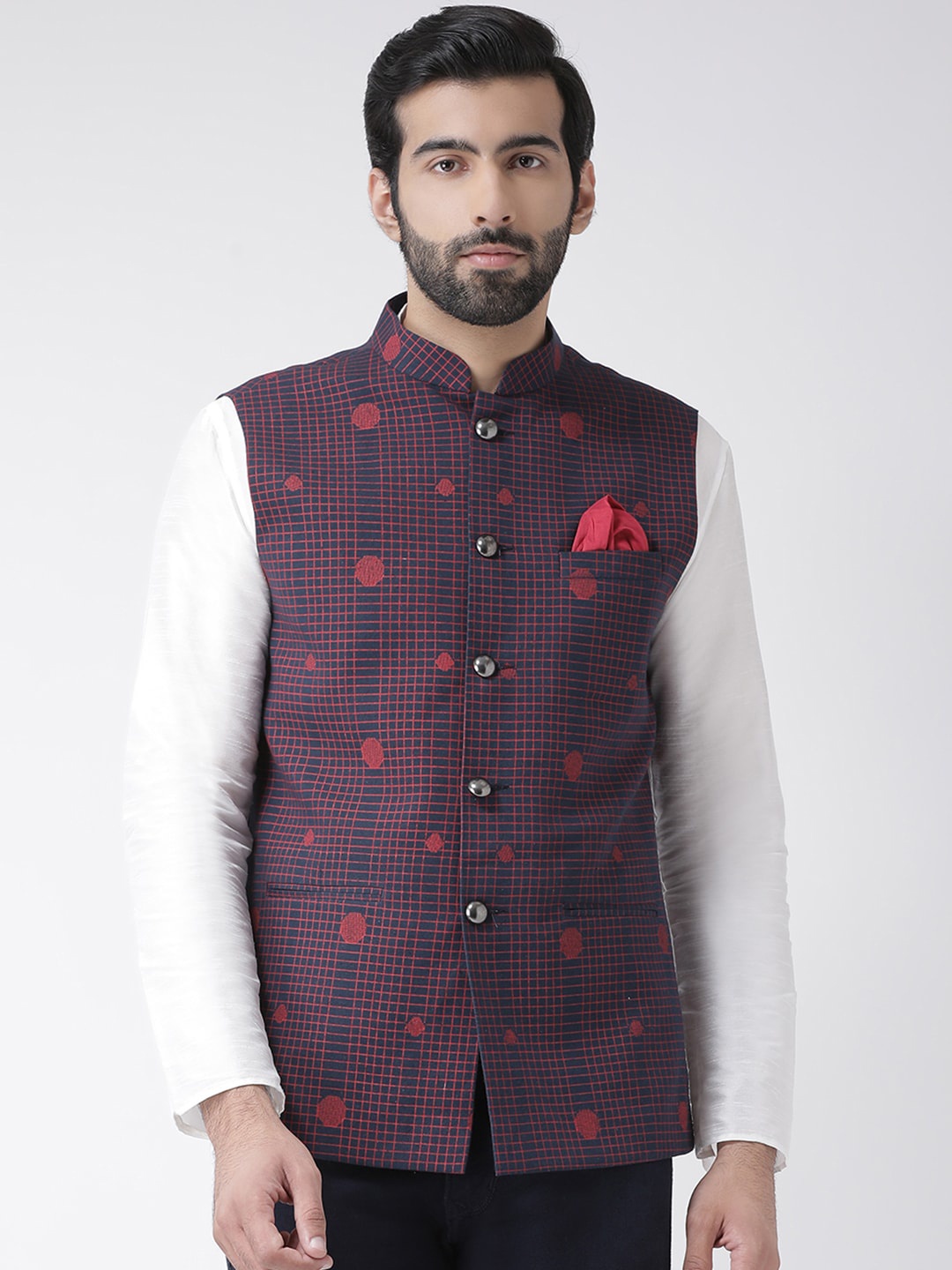 

Vartah Men Navy Blue & Red Checked Nehru Jacket