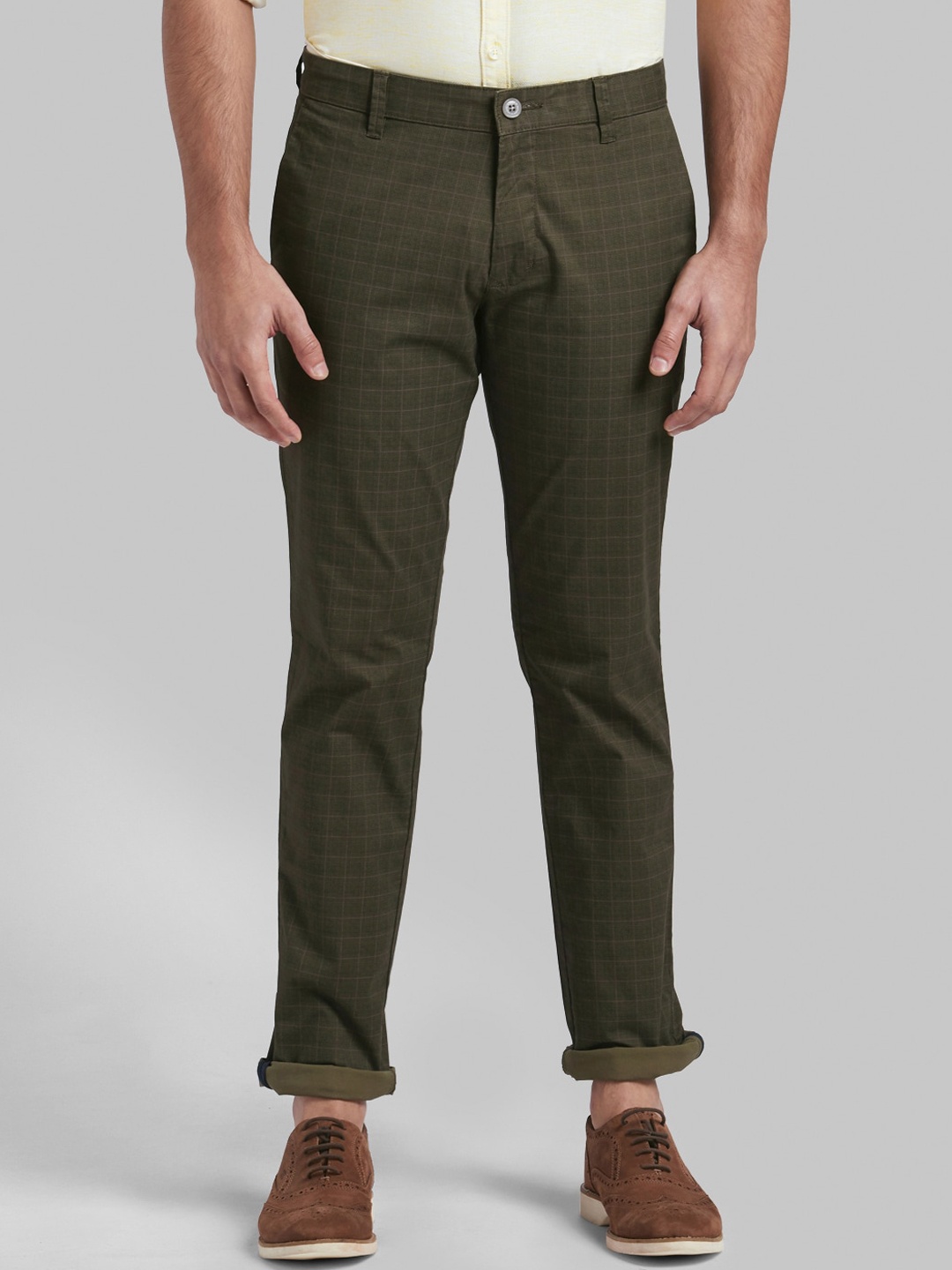 

Parx Men Olive Green Skinny Fit Checked Regular Trousers
